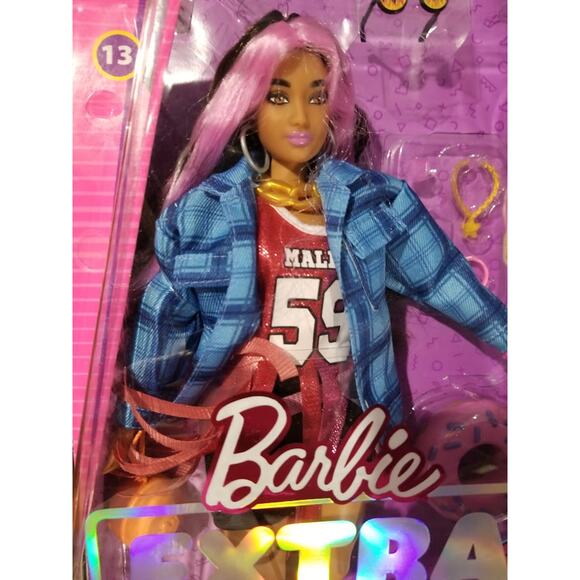 Barbie Extra Doll # 13 Basketball Jersey Dress Flannel Shirt and Pet NWT - Picture 3 of 9